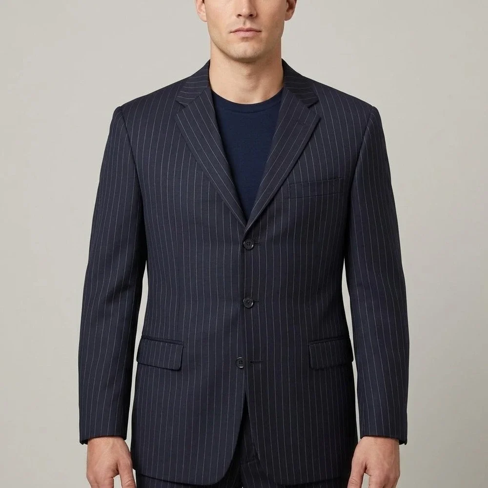 Hart Schaffner Marx Pinstripe Suit‎ Jacket Blazer Mens 42R Navy Wool EUC